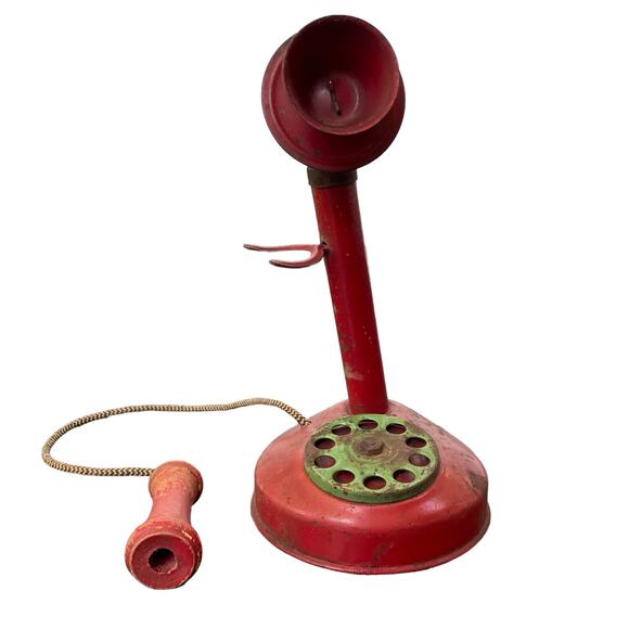 Vintage Tin Candlestick Telephone Toy Child Phone Wood Red Antique READ - Picture 4 of 14